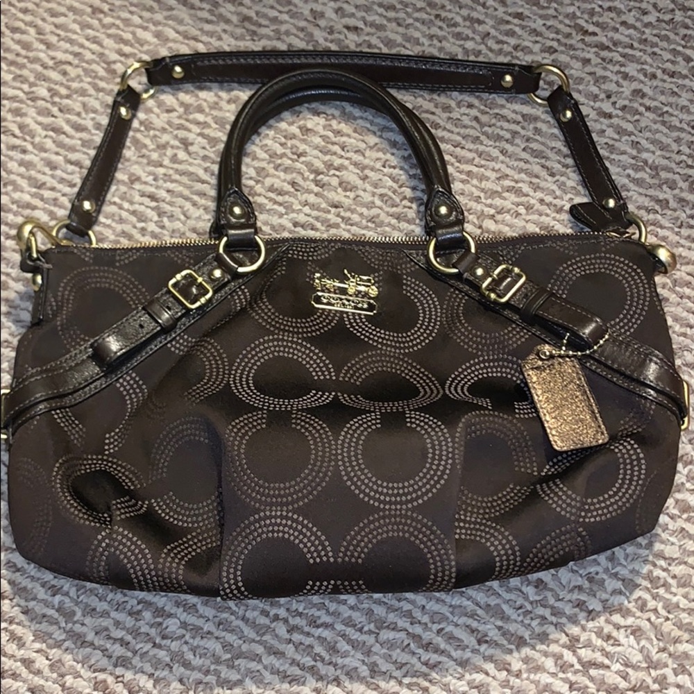 Brown coach satin bag with leather trim